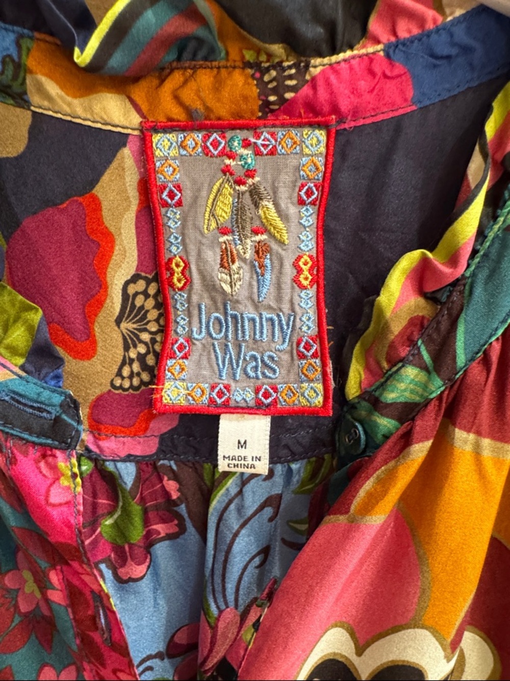Johnny Was Silk Multicolor Floral Patchwork Blouse with Navy Base - Picture 2 of 7